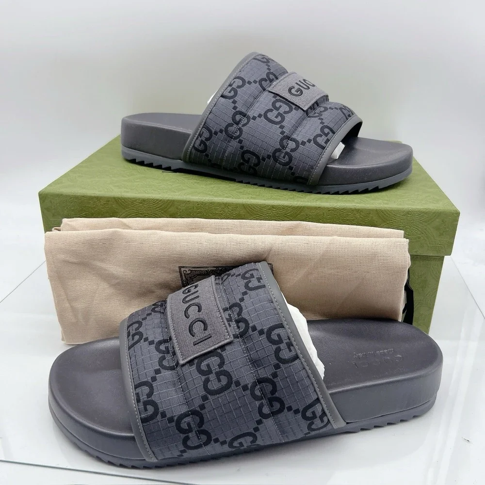 GUCCI Mens GG LOGO Ripstop Monogram Gray Slides Sandals 771466 Men UK 12 US 12.5